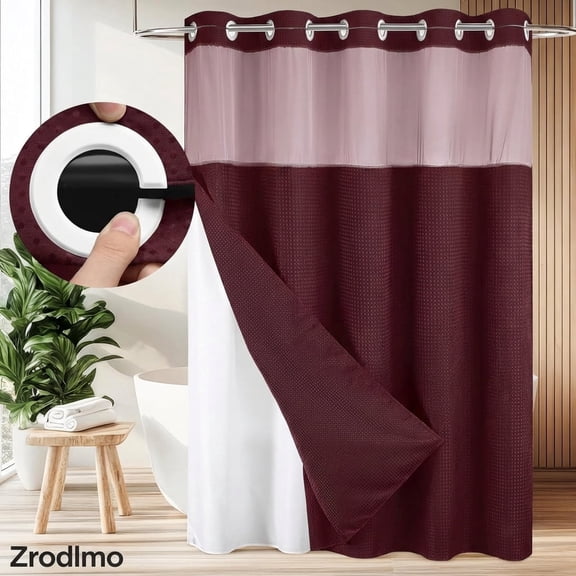 Zrodlmo No Hook Fabric Shower Curtain with Snap Lining, Waffle Water-Repellent and Mildew Resistant Bathroom Curtain, 72" x 74", Red