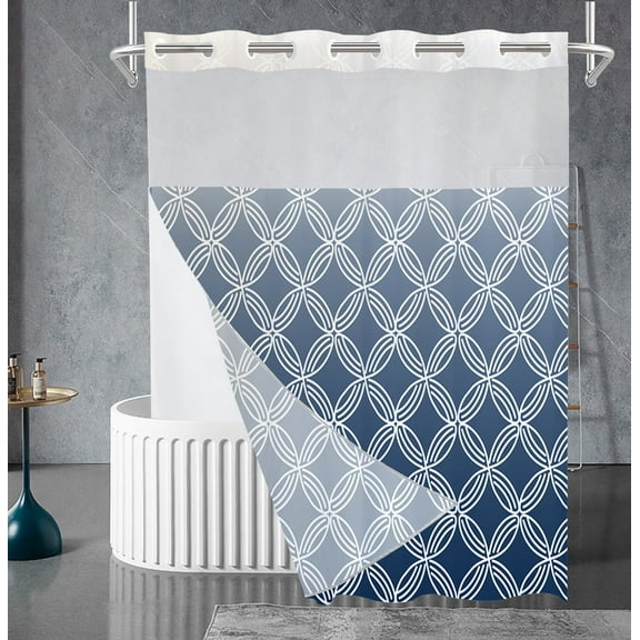 Zrodlmo No Hook Fabric Shower Curtain with Snap-in Liner, Gradient Circular Pattern Bathroom Curtain, 71" x 74", Blue