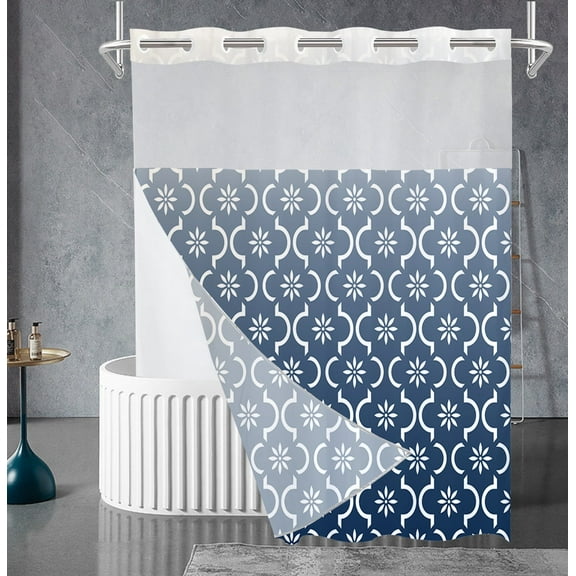 Zrodlmo No Hook Fabric Shower Curtain with Snap-in Liner, Gradient Stripe Bathroom Curtain, 72" x 74", Blue