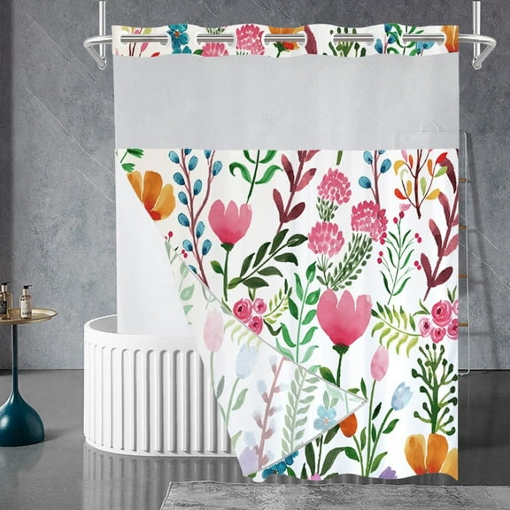 Zrodlmo No Hook Fabric Shower Curtain with Snap-in Liner, Modern Floral White Bathroom Curtain, 71" x 74", Green