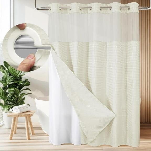 Zrodlmo No Hook Fabric Shower Curtain with Snap-in Liner, Waffle Waterproof and Mildew Resistant Bathroom Curtain, 72"x 74", Beige