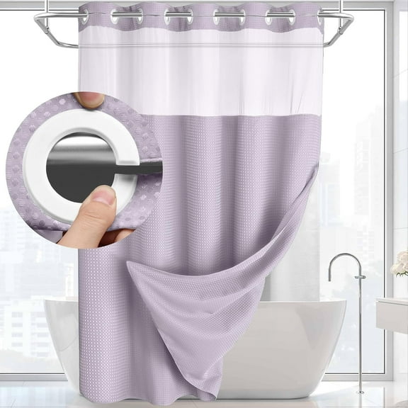 Zrodlmo No Hook Fabric Shower Curtain with Snap-in Liner, Waffle Waterproof and Mildew Resistant Bathroom Curtain, 72"x 74", Lavender
