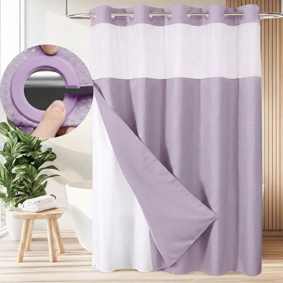 Zrodlmo No Hook Fabric Shower Curtain with Snap-in Liner, Waffle Waterproof and Mildew Resistant Bathroom Curtain, 72"x 74", Lavender