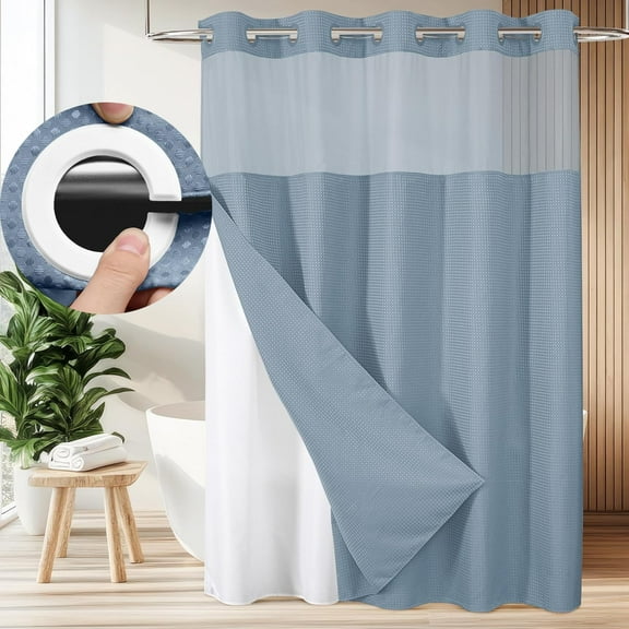 Zrodlmo No Hook Fabric Shower Curtain with Snap-in Liner, Waffle Waterproof and Mildew Resistant Bathroom Curtain, 72"x 74", Moon Blue