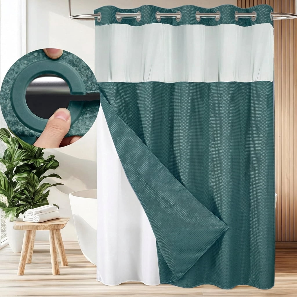 Zrodlmo No Hook Fabric Shower Curtain with Snap-in Liner, Waffle Waterproof and Mildew Resistant Bathroom Curtain, 72"x 74", Seaweed Green