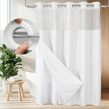 Zrodlmo No Hook Fabric Shower Curtain with Snap-in Liner, Waffle Waterproof and Mildew Resistant Bathroom Curtain, 72"x 74", White