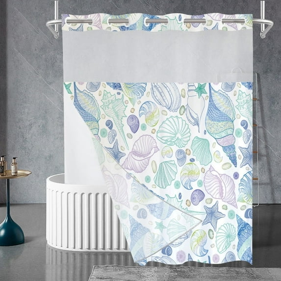 Zrodlmo Nautical Coastal No Hook Fabric Shower Curtain, Blue White Shell Bathroom Curtain,72" x 74",Yellow