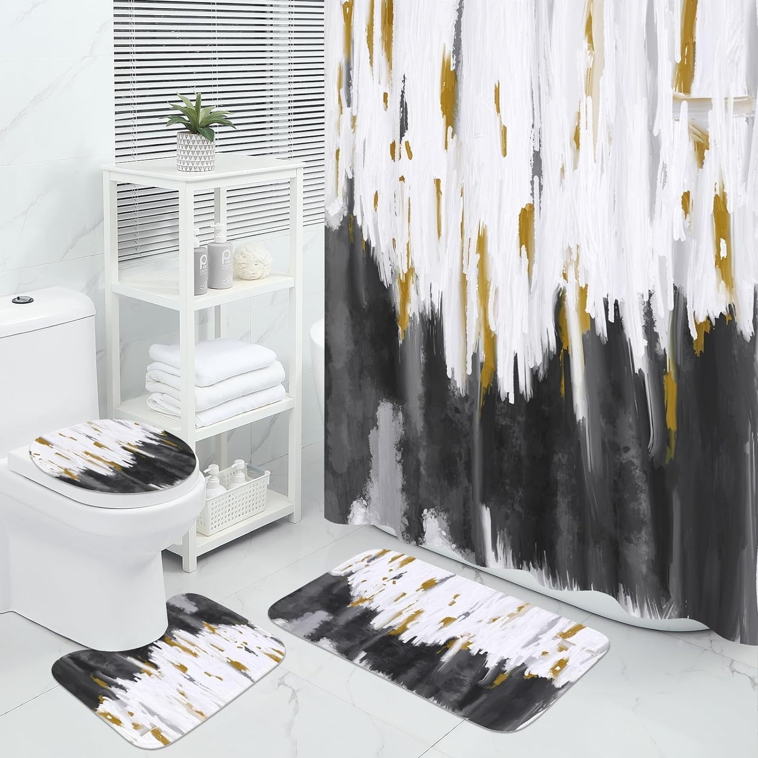 Zrodlmo Abstract Black Ombre Fabric Shower Curtain and Rug Sets, 16pc Modern Bathroom Curtain Sets, 72" x 72", Black
