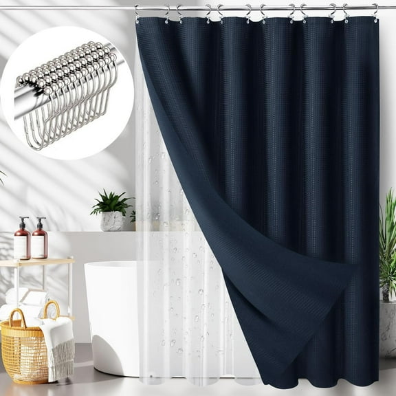 Zrodlmo Waffle Fabric Shower Curtain and Liners Sets with Hooks, Mildew-Resistant Thick Bathroom Curtain Set, 72" x 72", Navy Blue