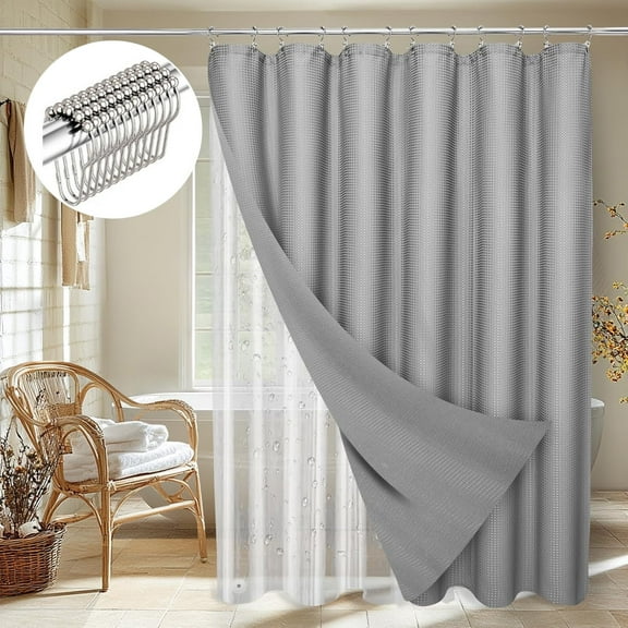 Zrodlmo Waffle Fabric Shower Curtain and Liners Sets with Hooks, Mildew-Resistant Thick Bathroom Curtain Set, 72" x 72", Gray