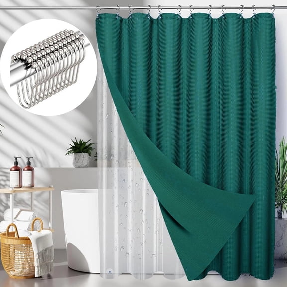 Zrodlmo Waffle Fabric Shower Curtain and Liners Sets with Hooks, Mildew-Resistant Thick Bathroom Curtain Set, 72" x 72", Seaweed Green