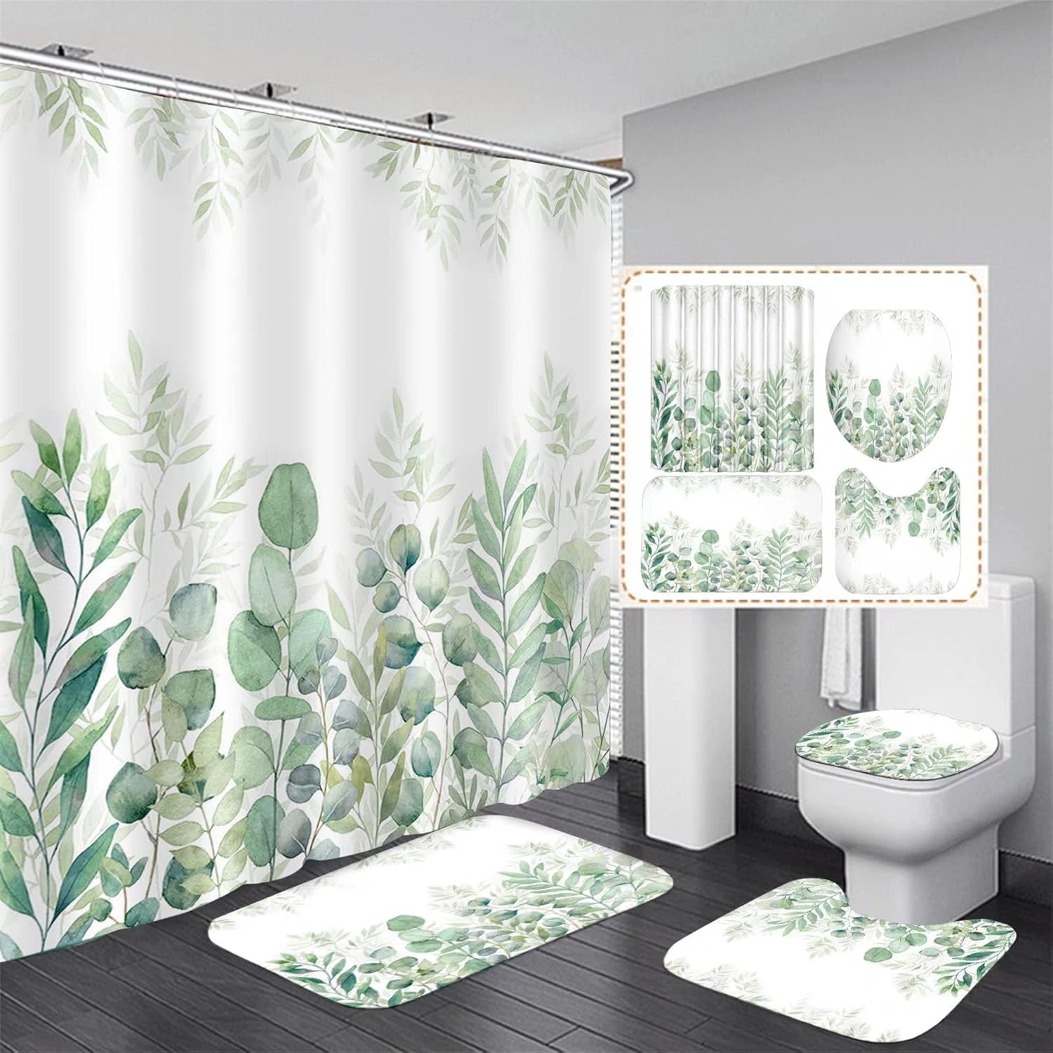 Zrodlmo Green Eucalyptus Shower Curtain and Rug Set, 16pc Washable Modern Watercolor Bathroom Decor Set, 72" x 72", Green Leaf