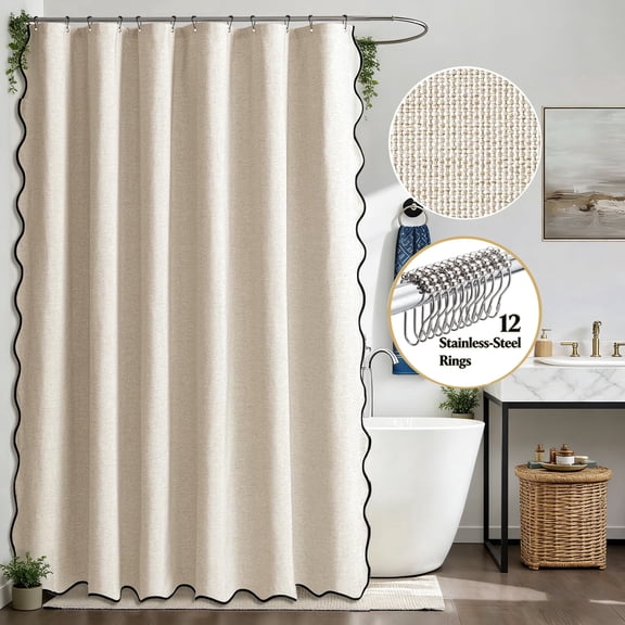 Zrodlmo Beige Scalloped Shower Curtain with Hooks, Waterproof Thick Linen Textured Fabric Bathroom Curtain, 72"x 72"