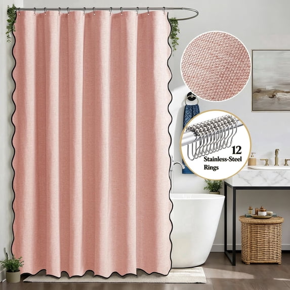 Zrodlmo Pink Scalloped Shower Curtain with Hooks, Waterproof Thick Linen Textured Fabric Bathroom Curtain, 72"x 72"