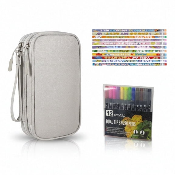 Zrova Double Layer Pencil Case with FREE 12 Dual-Tip Watercolor Brush Pens & 12 Cartoon Pencils, Ins Style Large Capacity Organizer for School Supplies, Cables, Earphones