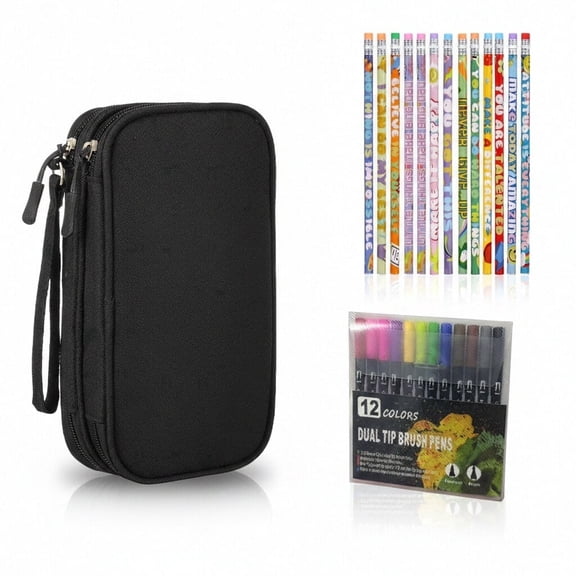 Zrova Double Layer Pencil Case with FREE 12 Dual-Tip Watercolor Brush Pens & 12 Cartoon Pencils, Ins Style Large Capacity Organizer for School Supplies, Cables, Earphones