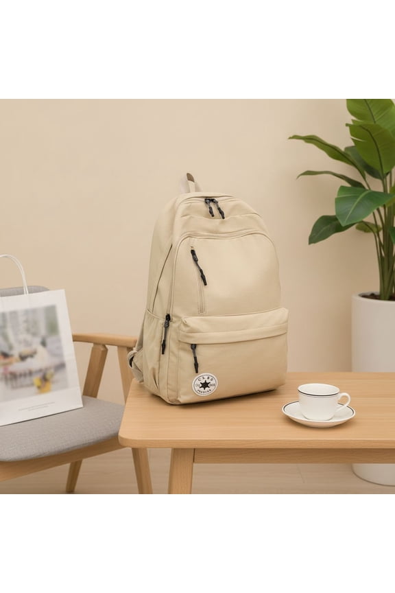 Solid Color Casual Backpack Set, Trendy Street Style Large Capacity Daypack for Men Women Teens, Student Backpack Bundle with 5 Random File Folders & 12 Dual Tip Marker Pens