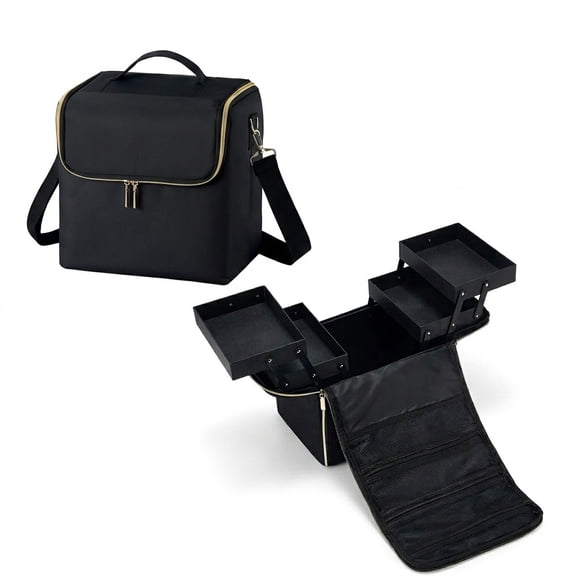 Zrvoemi Professional Makeup Case with 4 Trays Cosmetic Organizer Bag Travel Nail Storage Box with Luggage Sleeve