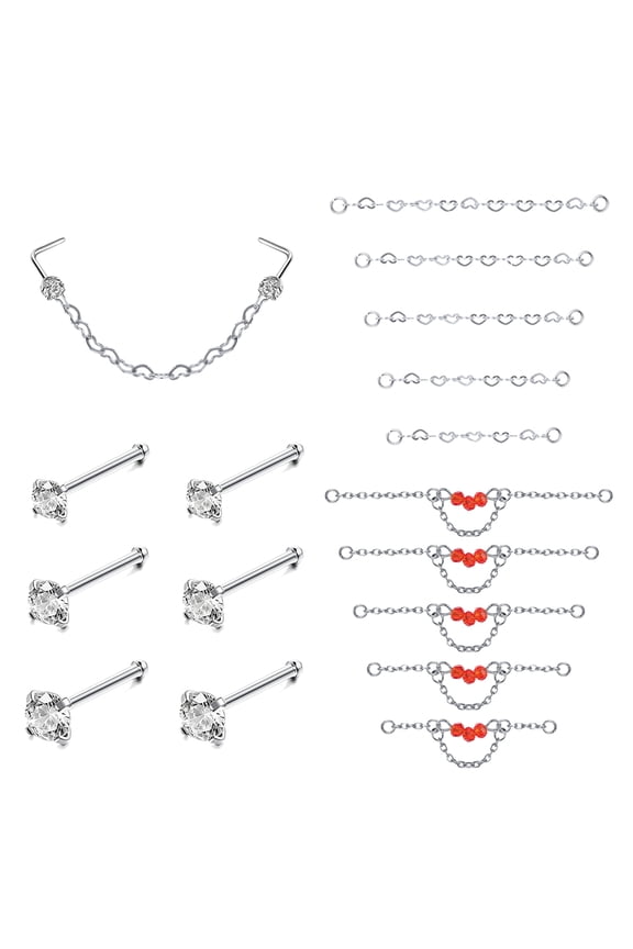16Pcs/Set Red Beads Nose Chain Piercing Across Nose Stud Claw Cubic Zirconia Nose Bone/L Shaped/Corkscrew Nose Rings