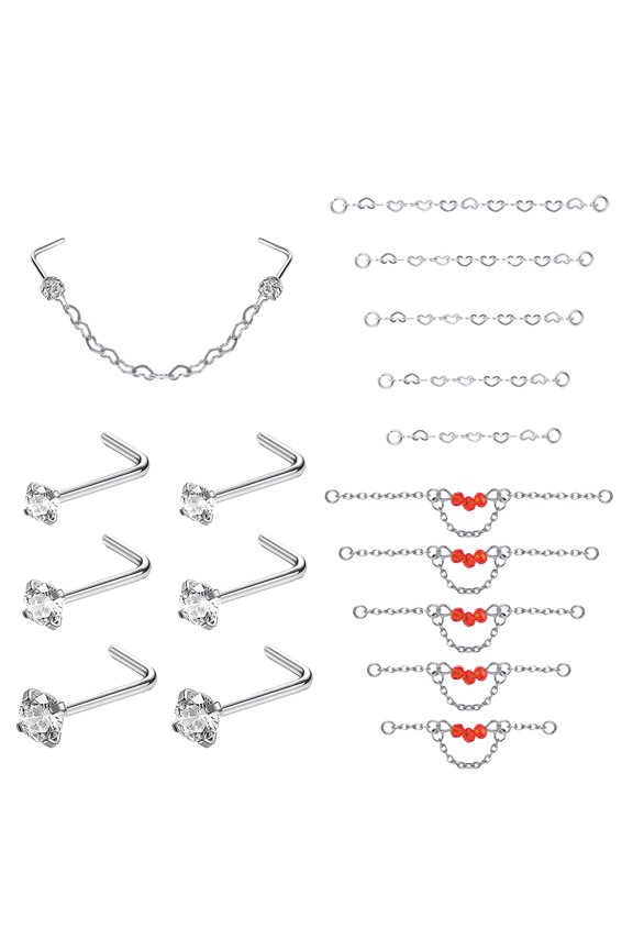 16Pcs/Set Red Beads Nose Chain Piercing Across Nose Stud Claw Cubic Zirconia Nose Bone/L Shaped/Corkscrew Nose Rings