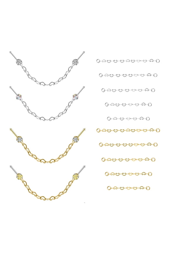 18 Pcs/Set Heart Nose Chain Piercing Across Nose Stud Claw Cubic Zirconia Nose Bone/L Shaped/Corkscrew Nose Rings