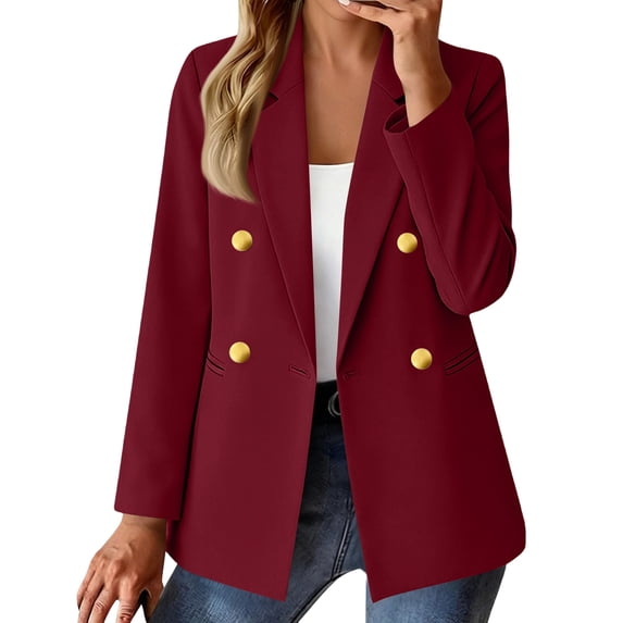 ZsaeSM Blazers for Women Lapel Double Breasted Classic Blazer Business Casual Long Sleeve Suit Jacket Fall Winter Open Front Jackets Wine L