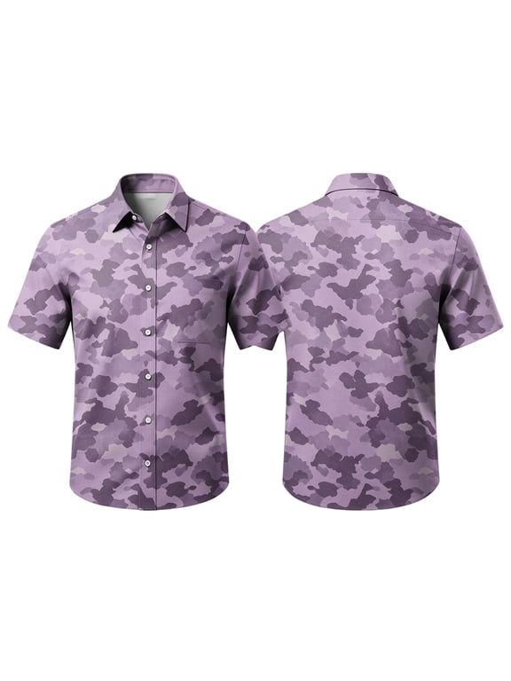 Camo Print Plus Size Shirts for Men Short Sleeve Button Down Lapel Shirt with Chest Pocket Lightweight Baggy Casual Summer Tops