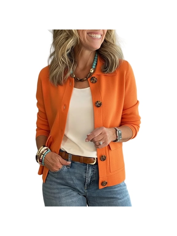 Cardigan Sweaters for Women Button Down Jacket Long Sleeve Sweater Blazer Casual Summer Fall Coats with Pockets Orange L