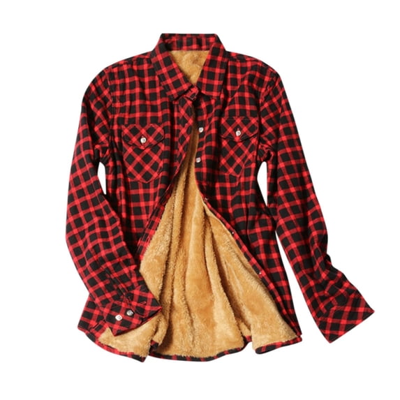 ZsaeSM Fleece Lined Plaid Shirts for Women Button Down Lapel Jacket with Chest Pockets Fall winter Warm Fashion Shirt Wine 2XL