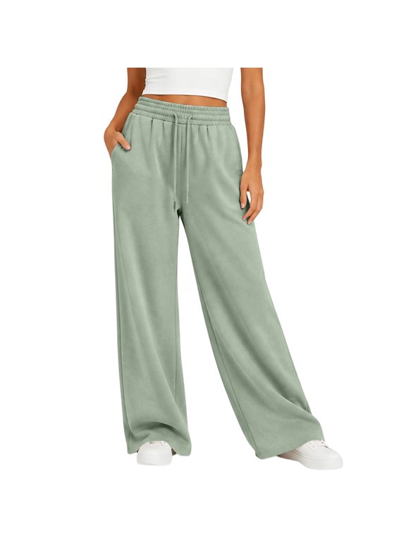 Fleece Wide Leg Pants for Women High Rise Drawstring Elastic Waist Pants Dressy Casual Loose Trousers with Side Pockets Mint Green M