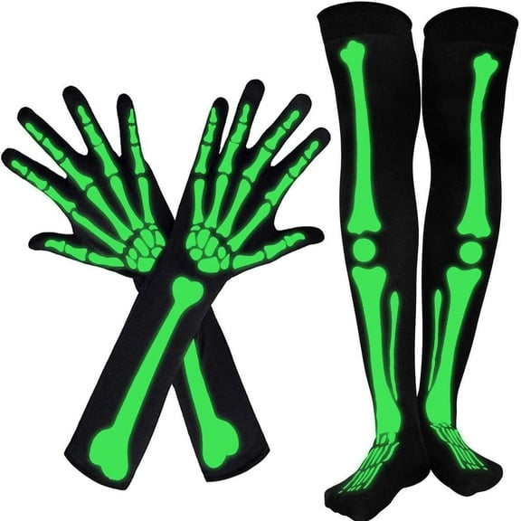 ZsaeSM Halloween Print Glow In The Dark Gloves Stockings Set for Unisex with 1 Pair Over-the-Knee socks & 1 pair gloves for Party Costume Accessories