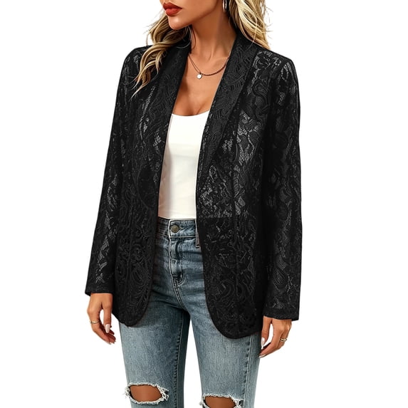 ZsaeSM Lace Blazers for Women Lapel Business Casual Open Front Long Sleeve Sheer Cardigan Lightweight Summer Jackets Black L