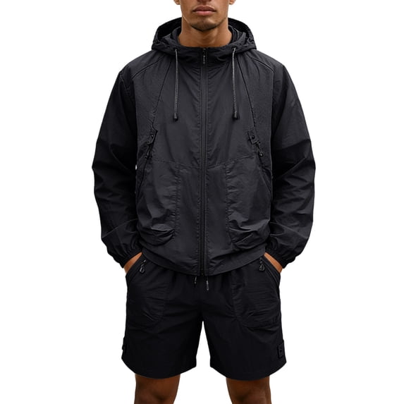 ZsaeSM Men 2 Piece Outdoor Outfit Sets Full‑Zip Hooded Windbreaker Jacket & Multi‑Pocket Cargo Shorts Casual Summer Suit Black L
