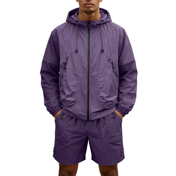 ZsaeSM Men 2 Piece Outdoor Outfit Sets Full‑Zip Hooded Windbreaker Jacket & Multi‑Pocket Cargo Shorts Casual Summer Suit Purple L