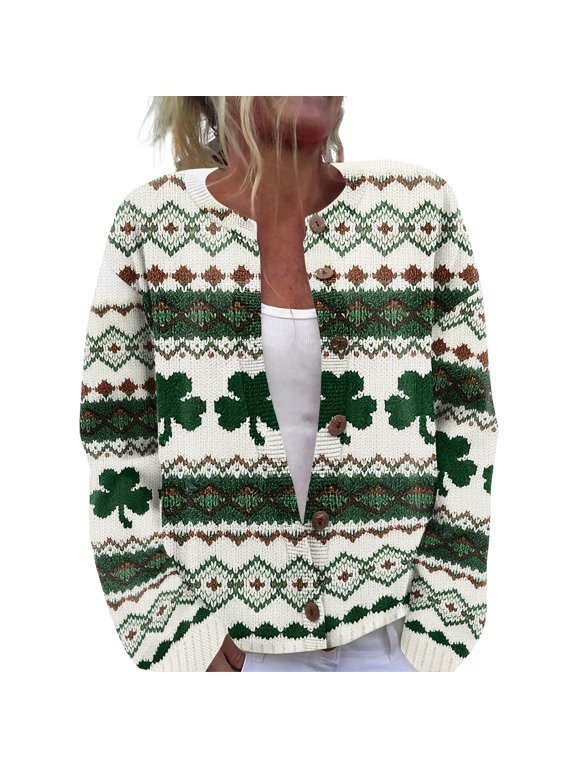 St. Patrick's Day Cardigan Sweaters for Women Cute Fun Pattern Button Down Long Sleeve Sweater Soft Stretchy Casual Women's Clothing