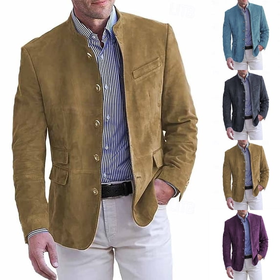 ZsaeSM Stand Collar Suede Blazer for Men Vintage Button Down Long Sleeve Coat Cowboy Stylish Suit Jackets with Pockets Cyan L