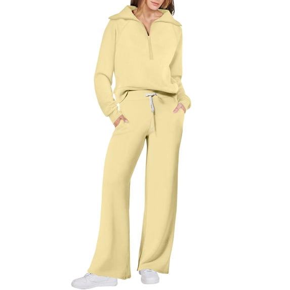 ZsaeSM Women 2 Piece Casual Tracksuit Sets Half Zip Lapel Sweatshirt & Drawstring Wide Leg Pants Comfy Lounge Outfit Set Complexion L
