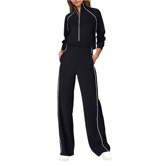 ZsaeSM Women 2 Piece Tracksuit Sets Half Zip Stand Collar Long Sleeve Top & Side Stripe Wide Leg Pants Casual Fashion Outfit Set Black 2XL