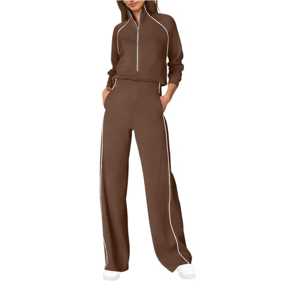 ZsaeSM Women 2 Piece Tracksuit Sets Half Zip Stand Collar Long Sleeve Top & Side Stripe Wide Leg Pants Casual Fashion Outfit Set Coffee 2XL