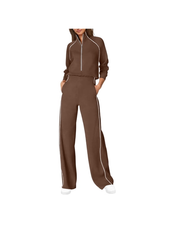 Women 2 Piece Tracksuit Sets Half Zip Stand Collar Long Sleeve Top & Side Stripe Wide Leg Pants Casual Fashion Outfit Set Coffee L