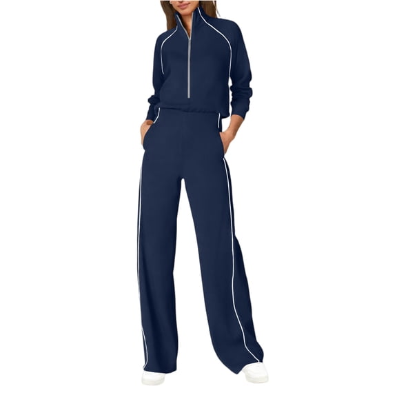 ZsaeSM Women 2 Piece Tracksuit Sets Half Zip Stand Collar Long Sleeve Top & Side Stripe Wide Leg Pants Casual Fashion Outfit Set Navy 2XL