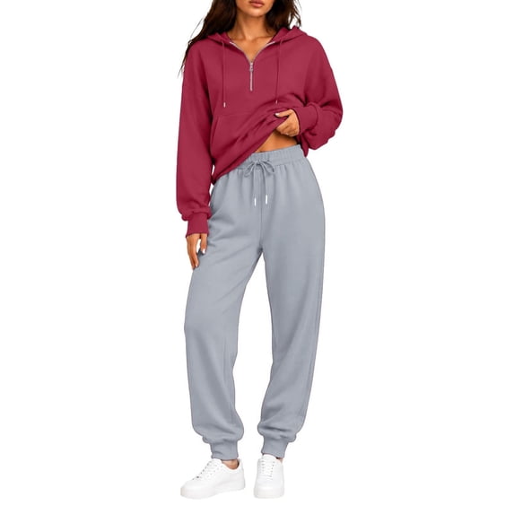 ZsaeSM Womens 2 Piece Tracksuit Sets Half Zip Long Sleeve Hooded Sweatshirts & Drawstring Jogger Pants Casual Trendy Outfit Set Deep Red L