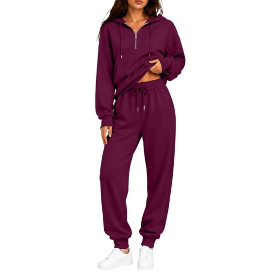 ZsaeSM Womens 2 Piece Tracksuit Sets Half Zip Long Sleeve Hooded Sweatshirts & Drawstring Jogger Pants Casual Trendy Outfit Set Wine S