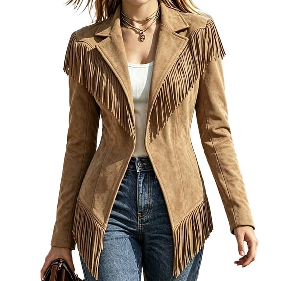 ZsaeSM Womens Suede Fringe Jacket Lapel Cinched Waist Long Sleeve Jackets Western Cowgirl Vintage Motorcycle Coats Khaki XL