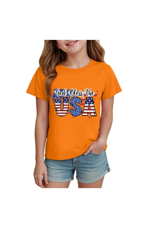 4th of July Girls Shirts Girls July 4th Tops Patriotic Shirt American Flag Short Sleeve Tshirts for Girl Size 2T 3T,(Orange 2-3 Years)