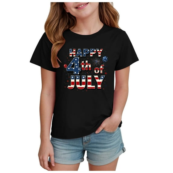 Zshosam 4th of July Shirt Kids Girls July 4th American Flag T Shirts Crop Top Short Sleeve Shirt Tee Size 11T 12T,(Black 11-12 Years)