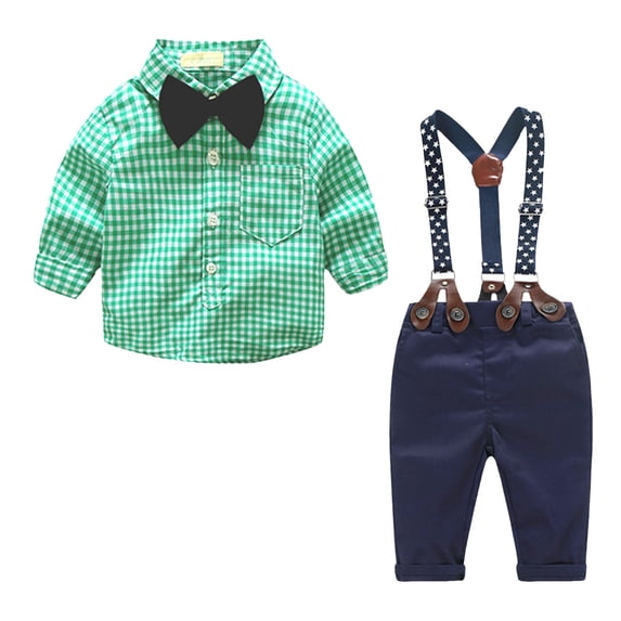 Zshosam Baby Boy Suit Toddler Boy Clothes Suit Gentleman Wedding Outfits Kids Formal Dress Shirt Bowtie Long Suspender Pants Overalls Size 3 6 Months,(Green 3-6 Months)