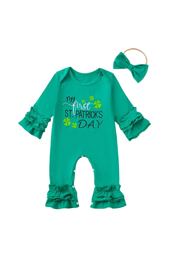 Baby St. Patrick's Day Rompers Boy Fall Newborn Baby Girl Fall Clothes Romper Jumpsuits Ruffle Long Sleeve Romper Infant Cute St. Patrick's Day Romper Size 3 6 Months,(Green 3-6 Months)