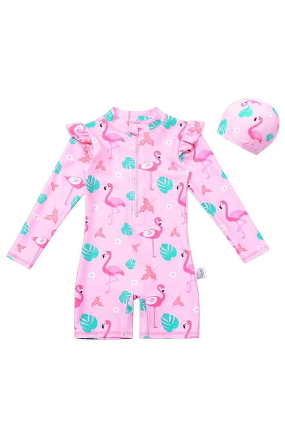 Baby Swimsuit Girl Long Sleeve Baby Girls Swimsuit Infant Bathing Suit with Hat Zipper Long Sleeve One-Piece Rash Guard Swimwear for Girl Size 3T 4T,(Pink 3-4 Years)