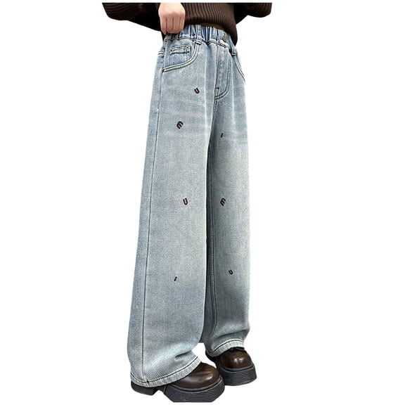 Zshosam Back to School Clothes for Teen Girls Girls Baggy Jeans Distressed Denim Pants Elastic Waist Wide Leg Jeans for Girls Kids Loose Fit Size 11T 12T,(Blue 11-12 Years)